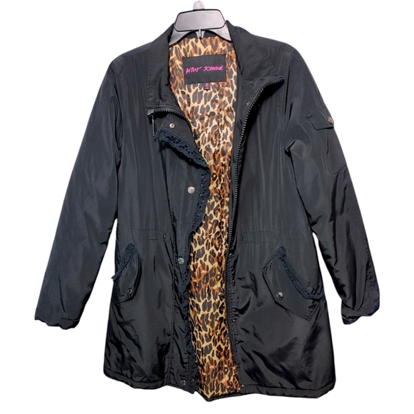 Betsey Johnson Black Lace Trim Winter Puffer Jacket Coat Women's Size Medium M - Picture 1 of 9
